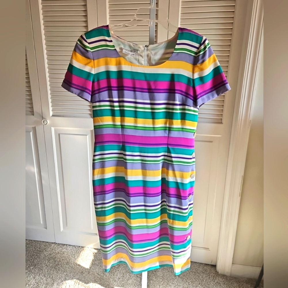 MAGGY LONDON Dress Size 10 100% Silk Colorful Stripe Vintage Lined Shoulder Pads
